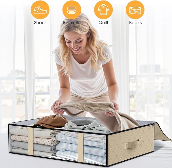StorageRight Under Bed Storage Bags 10 Pack, 40L Large Clothes & Comforter Storage Containers with Clear Window, Breathable Fabric Organizer for Blankets, Bedding, Seasonal Clothing, Beige