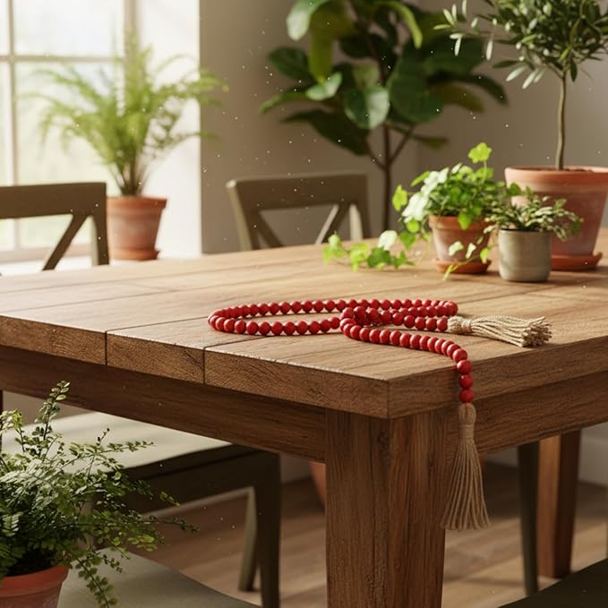 Equsion Seasonal Wooden Bead Garland with Tassels, 3.3 ft Holiday Vintage Boho Bead Garland Easter Tray Decoration, Vase Wall Room Art Birthday Party Decoration(Deep Red)