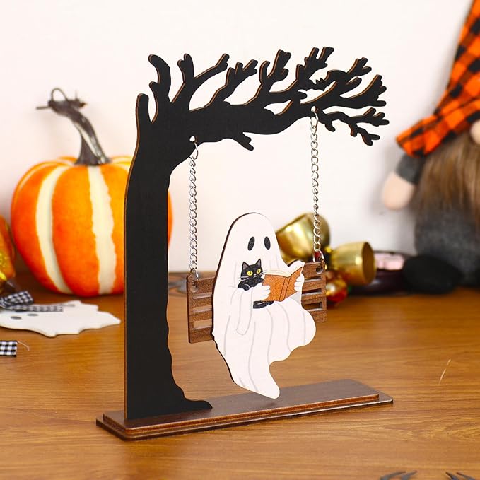 Funny Halloween Desktop Swing Decor, Spooky Indoor Home Decor for Living Room/Kitchen/Tabletop, Gothic Fall Themed Desktop Ornament, Unique Halloween Decoration for Women (Ghost)