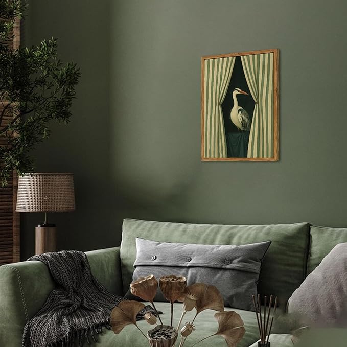 Framed Moody Heron Wall Art, Eclectic Vintage Bird Pictures Wall Decor Paintings, Surreal Whimsical Animal Canvas Prints Unique Humorous Home Decor for Living Room Bedroom Bathroom 12x16 inch