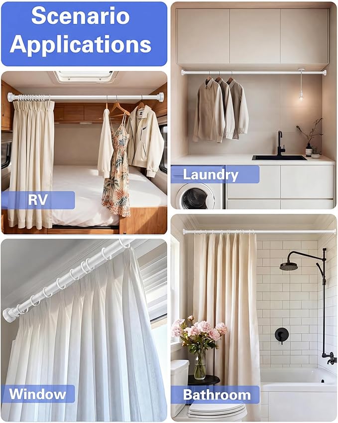 No Drilling Closet Rods for Hanging Clothes, Non Slip Tension Rod with Heavy Duty Clothes Hanging Rod, 17-28 Inches Adjustable Spring Closet Rod for Closet Wardrobe Bathroom Laundry RV, White