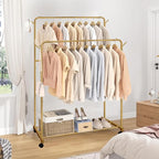 AT-VALY Double Rod Clothing Rack with wheels,Garment Rack for Hanging Clothes,Multi-functional Bedroom Clothes Rack (Gold)
