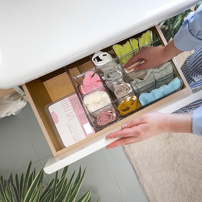 2 PCS Sock Underwear Organizer Clear Storage Containers 16 Cell Adjustable Dividers Plastic Drawer Organizer Box with Lids for Ties Bra Scarf (11.8×9.4×3.9")