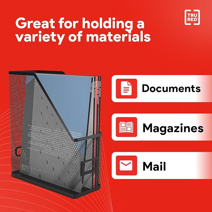 Staples TRU RED Metal Magazine File Organizer, Black - Top - Loading Desktop File Holder with Handle, Holds Up to 1000 Sheets