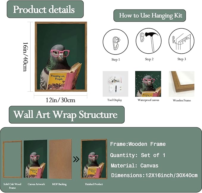 Framed Funny Pigeon Wall Art, Humorous Bird Reading Wall Decor Paintings, Pooping on People Book Pictures Canvas Print Eclectic Home Decor for Bathroom Living Room Office Dorm 12x16 inch