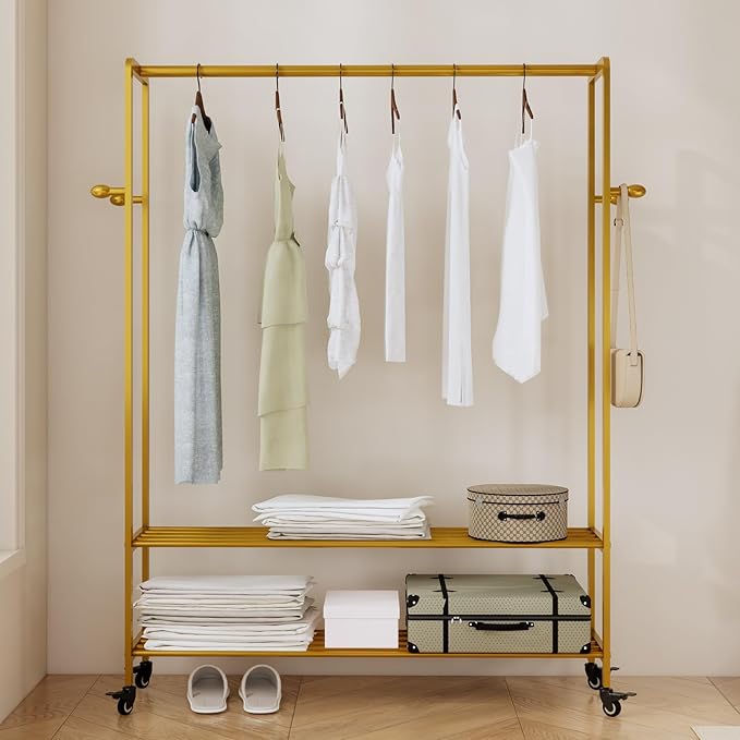 Gold Rolling Garment Rack with Shelves and Hooks,Freestanding Modern Clothing Rack with Wheels,Large Clothes Hanging Rack for Bedroom,Closet,Entryway,Wardrobe,Boutique Display