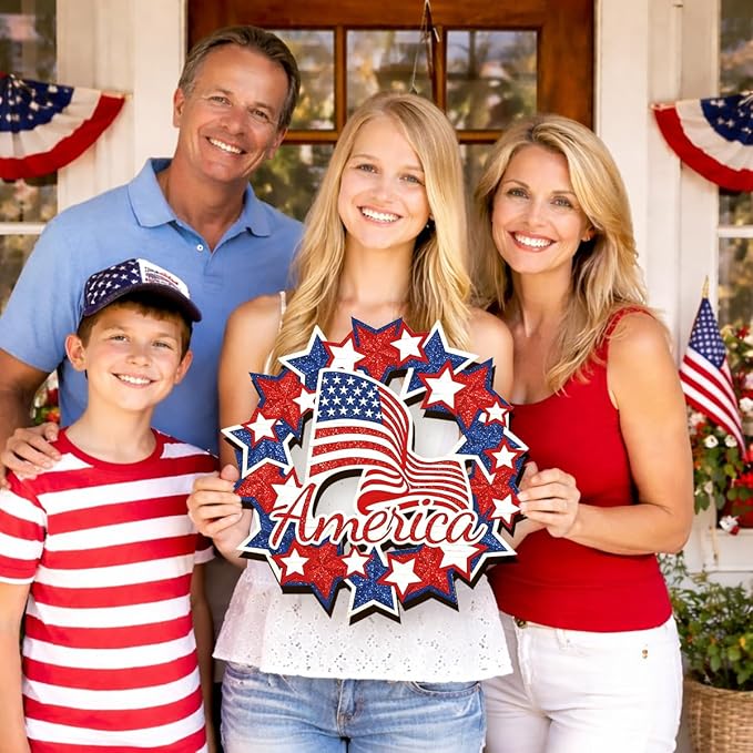 Wooden 4th of July Decorations Patriotic Wreath Independence Day Decorations Front Door with Star Sign Welcome Memorial Day Hanging for Home Wall Decor Outdoor Indoor Red White and Blue Wreath 2