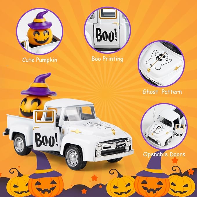 Halloween Truck Decor, Halloween White Ghost Metal Truck Decorations for Home Indoor, Mini Cute Pumpkin Tiered Tray Decor, Farmhouse Kitchen Tabletop Centerpiece Decorations
