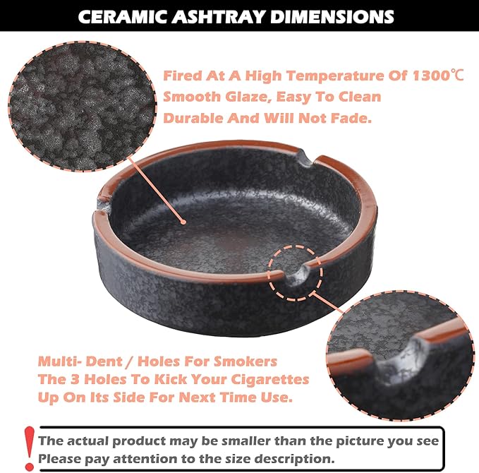 Ceramic Ashtray Stylish Indoor & Outdoor Cigarette Ashtray for Home, Coffee Bars, and Patios，Lava Dazzling Black (Medium Size)