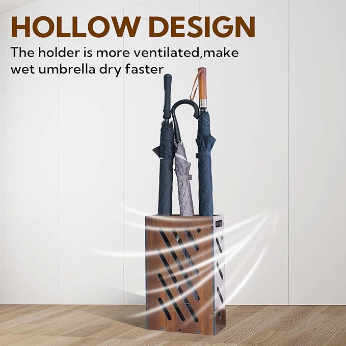 Modern Brown Umbrella Stand with Removable Water Tray, PVC Umbrella Holder, Indoor and Outdoor Use, Storage Bin Freestanding for Home, Office, Hotel
