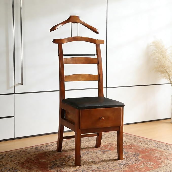 Chair Valet With Drawer,Wooden Suit Valet Stand With Contour Hanger,Trouser Bar and Tie & Belt Bar, 18" W x 23" D x 44" H,Natural wood color