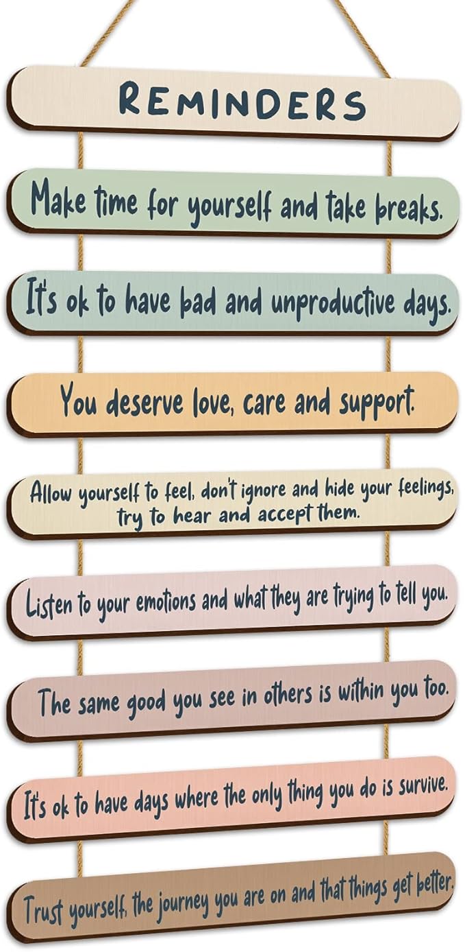 Yookeer Mental Health Reminders Wall Decors Wooden Hanging Art Counseling Room Decor Positive Psychology Affirmations Feelings Pediments for Home Counseling Office(Bright Color,English Style)