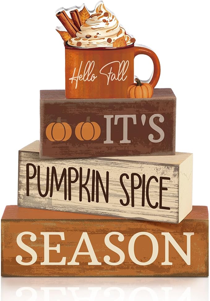 Lineshading 4 Pcs Fall Decorations for Home Wooden Hot Cocoa Cup Block Sign Thanksgiving Tiered Tray Decor Thanksgiving Centerpiece Rustic Fall Table Decor for Autumn Harvest Party Home Kitchen