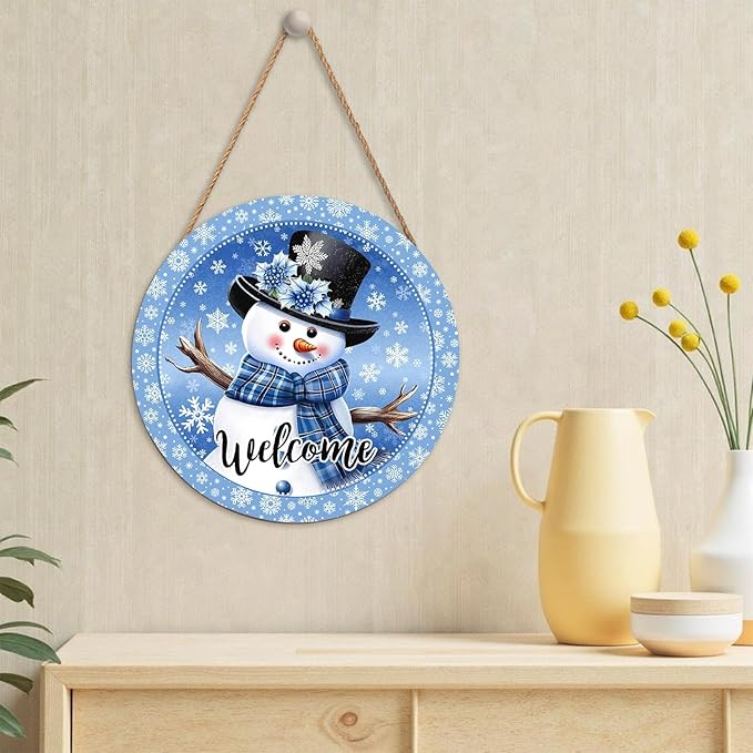 Welcome Winter Snowman Blue Sign for Front Door Christmas Snowflake Wood Door Hanger 12"x12" Holiday Welcome Decorations Rustic Wreath Wall Hanging Decorative for Home Wall Porch Yard Garden