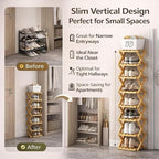 The 9-Tier No-Assembly Bamboo Rack, Folding Bamboo Shoe Rack Organizer with Collapsible Vertical Design, Space-Saving & No-Tool Assembly, for Entryways,Corners,Bedrooms,Balconies (Brown,8)