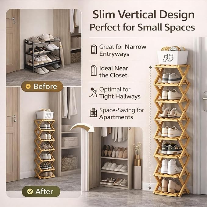 The 9-Tier No-Assembly Bamboo Rack, Folding Bamboo Shoe Rack Organizer with Collapsible Vertical Design, Space-Saving & No-Tool Assembly, for Entryways,Corners,Bedrooms,Balconies (Brown,8)