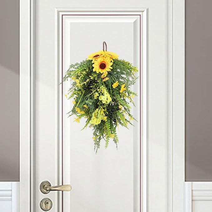 Artificial Flower Teardrop Swag Wreath Handmade with Sunflower Hyacinth Garland Simulation Flowers Hanging Plant Decorative Welcome Sign Suitable for