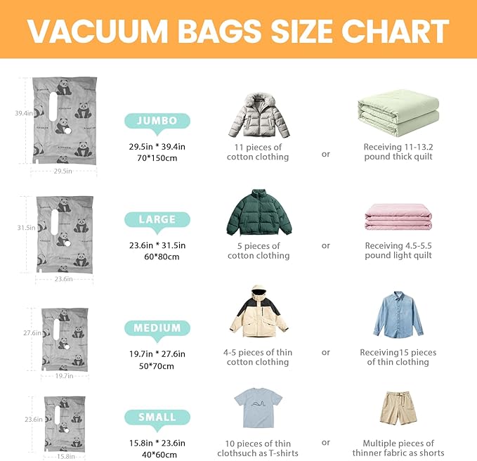 12 Pcs Vacuum Storage Bags for Clothing: Travel Vacuum Seal Bags with Electric Pump, Space Saver Vacuum Storage Bags for Bedding Blanket Luggage (3 Jumbo + 3 Large + 3 Medium + 3 Small)