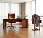 Suit Valet Stand for Men, Wood Mens Valet Stand with Base, Contour Hanger, Tray, Trouser Bar and Tie Bar, Clothes Valet Stand for Bedroom Entryway Home Living Room Office (Reddish brown)