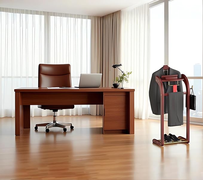 Suit Valet Stand for Men, Wood Mens Valet Stand with Base, Contour Hanger, Tray, Trouser Bar and Tie Bar, Clothes Valet Stand for Bedroom Entryway Home Living Room Office (Reddish brown)