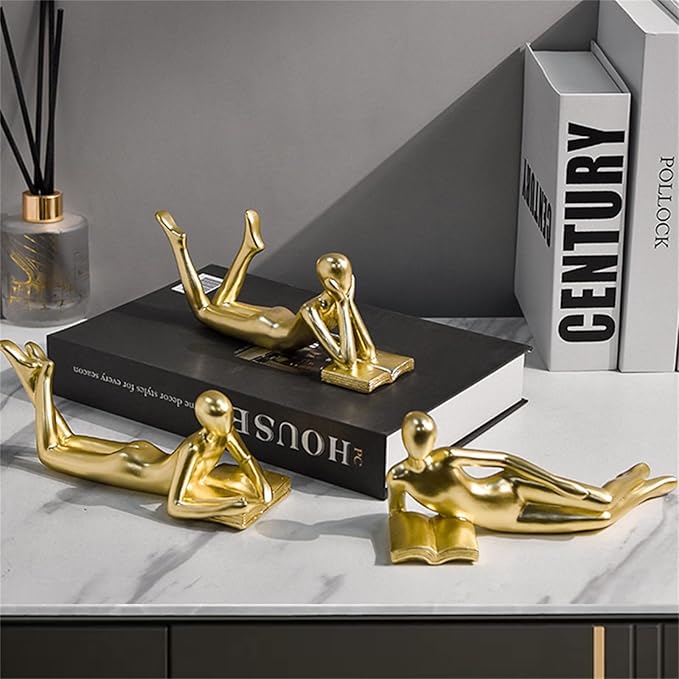 Gold Reading Statue Style A, Abstract Reader Figurine, Resin Book Decor for Bookshelf, Coffee Table, Desk Shelf Decor, Gift for Book Lovers