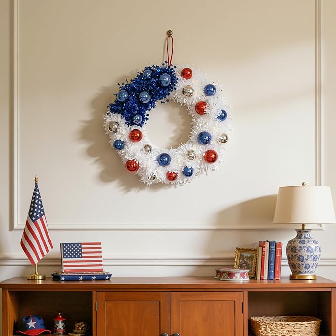 Patriotic Wreath 18 Inch American Flag Wreath for Front Door, Americana Plated Ball Red White and Blue with Stars Decor for 4th of July Memorial Day Veterans Day