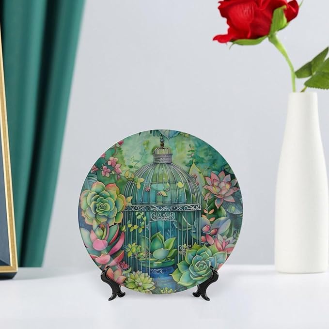 Garden Scenery Theme Decorative Ceramic Plate Round Porcelain Plate,Succulents and Bird Cage Pattern,for Decorative Ornaments Giving Plates, 1 Plate with 1 Display Stand,Green,6 inch