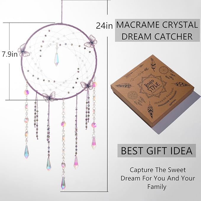 Artilady Butterfly Dream Catchers with Crystals - Large Boho Purple Moon Dream Catcher Wall Decor Home Decorations Girls Kids Baby Bedroom Room Decor Christmas Birthday Teen Girl Boys Gifts