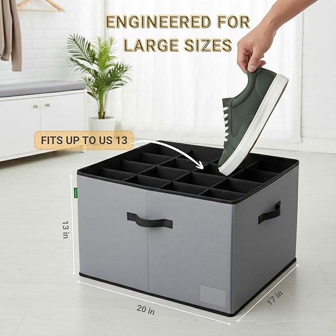 2 Pack Shoe Organizer for Closet, Foldable Fabric Shoe Storage Box with Adjustable Dividers and Clear Dustproof Cover, Large Collapsible Shoe Bins & Containers, Holds up to 32 Pairs, Gray