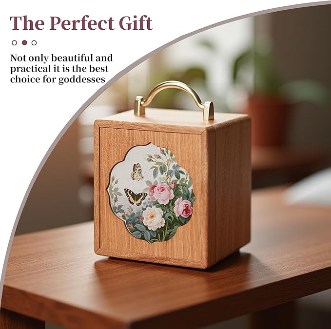 Wooden Jewelry Box for Women 4 Tier Walnut Wooden Jewelry Box with handle (Flower and butterfly prints A)