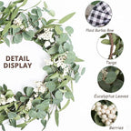 Artificial Eucalyptus Wreath for Front Door|20" Green Leaf Wreath for Window Home Porch Farmhouse Patio and Garden Indoor Outdoor Decor with Bow for Spring Summer Fall Winter
