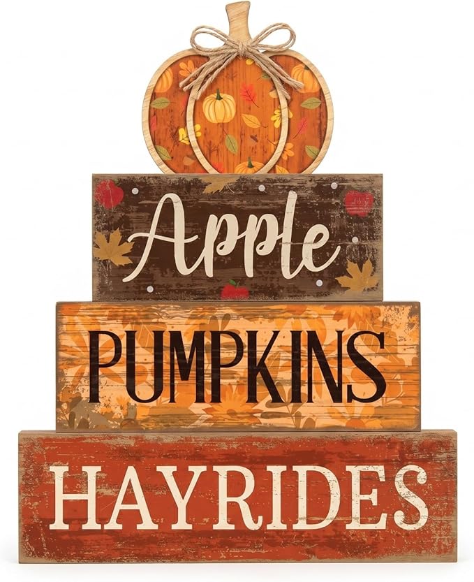 Moucuny 4 Pcs Wooden Tabletop Decor Tiered Tray Decor Centerpiece Rustic Decorative Block Signs Gift Farmhouse Table Decoration for Home Kitchen(Hayat Pumpkin)