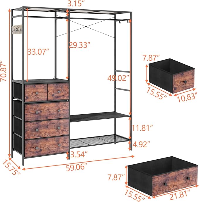 Auromie Clothes Rack with 5 Drawers & 4 Storage Shelves, 59.1W*70.9H Heavy Duty Clothing Rack with 2 Hanging Rods, Wardrobe Closet Organizer System with 5 Hooks, Freestanding Garment Rack (Rustic)