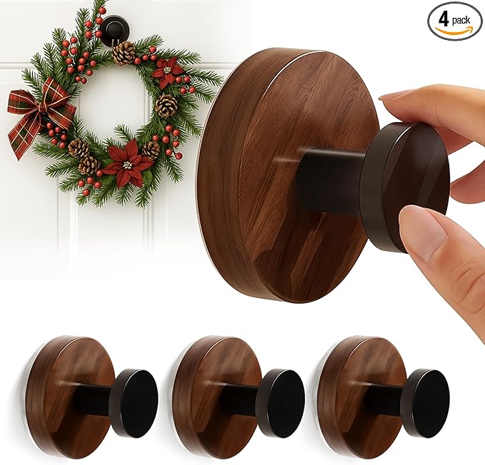 Suction Cup Hooks for Wreaths for Glass，twist suction cup hooks, No Damage Wreath Hanger for Glass Doors, Magnetic Door Hooks for Wreaths, Wreath Hanger Suction Cup for Front Door (Walnut, 4-Pack)