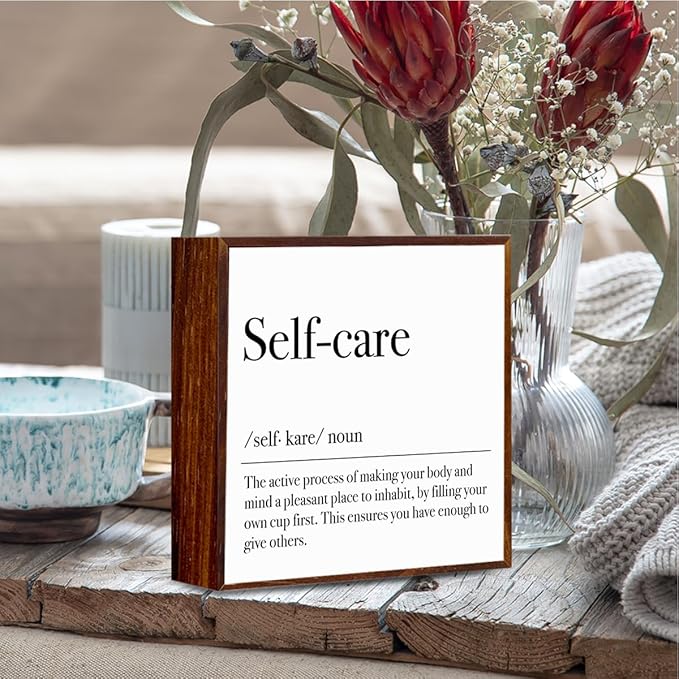 Self Care Definition Spa Decor for Spa room. Inspirational Wooden Box Sign Mental Health Rustic Office Desk Decorations Wood Plaque Home Shelf Table Decor Self Care Must Haves.