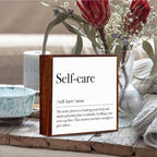 Self Care Definition Spa Decor for Spa room. Inspirational Wooden Box Sign Mental Health Rustic Office Desk Decorations Wood Plaque Home Shelf Table Decor Self Care Must Haves.