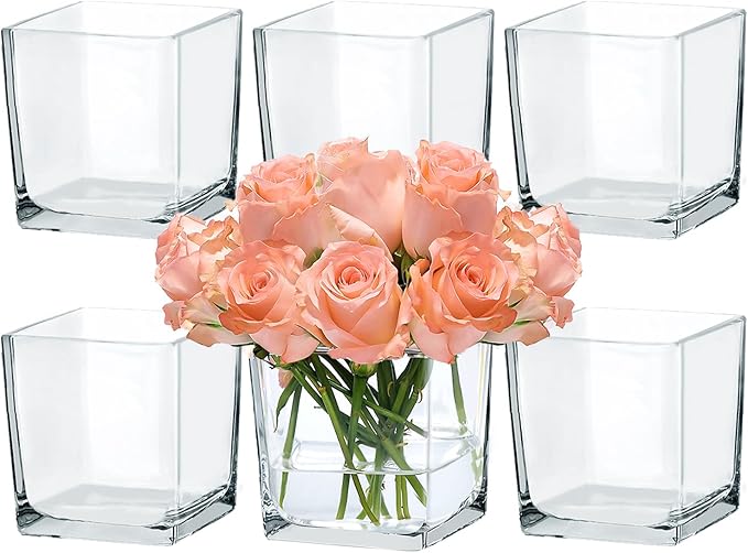 CONNOO 6 Pack Square Glass Vase 5" x 5" x 5", Clear Bulk Flower Vases for Centerpieces, Square Glass Cube Vase Floating Candle Holders for Wedding Party Home Decor