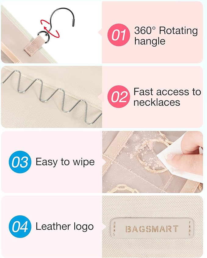 BAGSMART Hanging Jewelry Organizer Storage Roll with Hanger Metal Hooks Double-Sided Jewelry Holder for Earrings, Necklaces, Rings on Closet, Wall, Door, 1 piece, Large, Beige