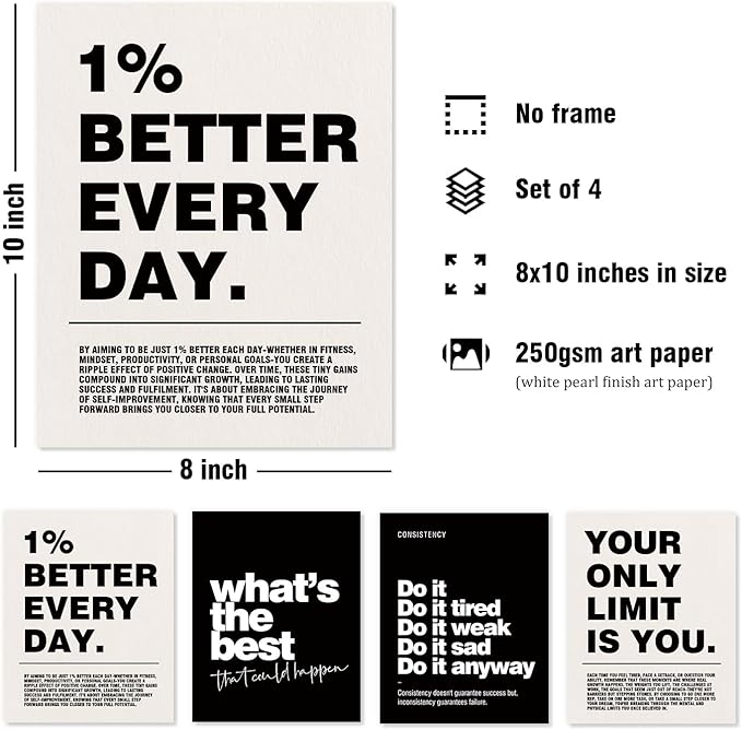 DSHFG Motivational Inspirational Office Wall Art Decor Prints Set of 4, Black Motivational Wall Decor Trendy Retro Posters for Office Home Decor, 8x10 Unframed