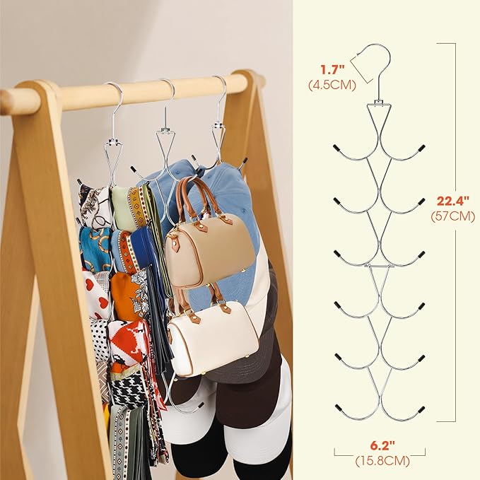 Scarf Hanger 12 Storages,Scarf Organizer with 360 Swivel Hook,Legging Organizer for Closet,Closet Organizer for Scarves, Shawl,Belt,Purse & Baseball Cap