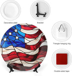 Decorative Plates for Home Decor, Blue Red USA Flag Stained Glass Painting Decor Tray for Table Display, Ceramic Dinner Plate W/ Stand, Living Room Dining Room Decor, Gifts for Patriotic, 7 Inch
