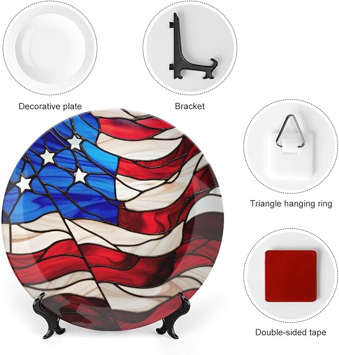Decorative Plates, Blue Red USA Flag Stained Glass Painting Ceramic Dinner Plate Home Wobble-Plate with Display Stand, Wall Hanging Decor for Kitchen Household 10 Inch, Gifts for Patriotic