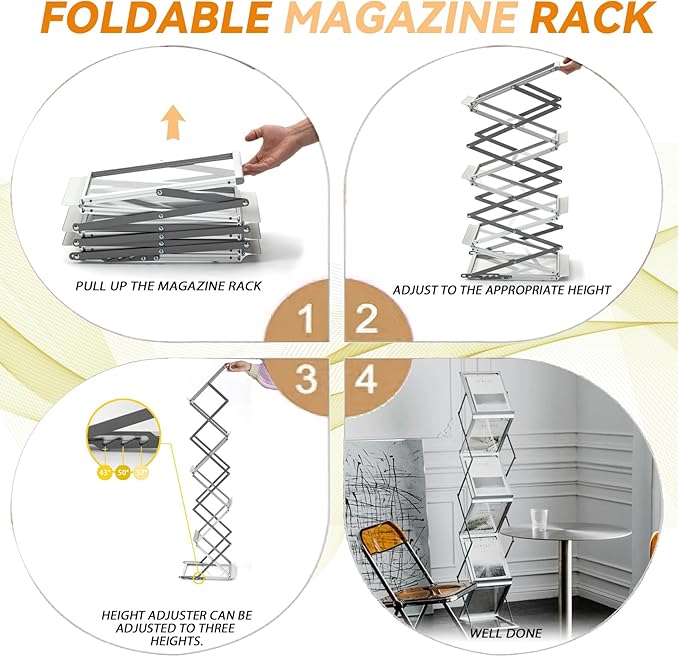 6 Pockets Aluminum Foldable Magazine Rack Floor, Brochure Magazine Display Stand, Brochure Holder, Literature Rack with Carrying Bag for Trade Shows, Exhibition, Office, Retail Store