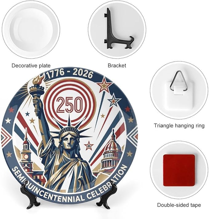 250th Anniversary Decorative Plates 8 Inch Liberty Patriotic Decorations Commemorative Plates with Stand Independence Day 4th of July Semiquincentennial Decor