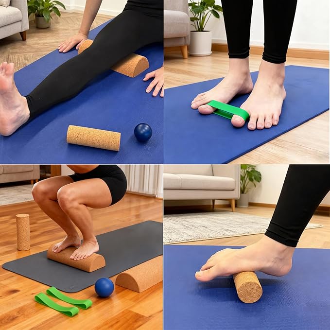 Cork Balance Foot 4-in-1, Portable Cylinder Foot Trainer, Strengthener to Improve Mobility Arch Exerciser for Adults Including Half-cylinder, Cylinder, Massage Ball, Toe Resistance Band