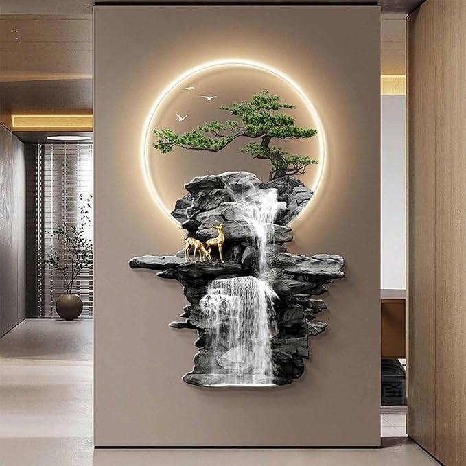 YFQHRXYS 3D Oriental Waterfall Wall Art with LED Light,Oriental Welcoming Pine Landscape for Living Room Office Decor,Modern Art Wall Decor Sculptures, Plug-in Power Supply, Remote Control（50 * 75cm）