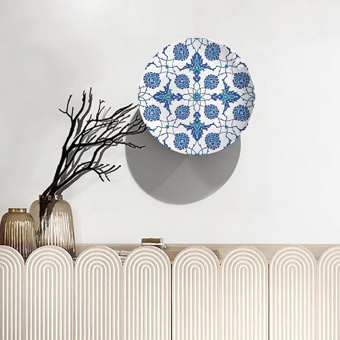 Turkish Decorative Plate Stand, 8 Inch, Blue Flower Round Display Plate, Table Top Plate Decor with Stand, for Kitchen Living Room Office Countertop Decor