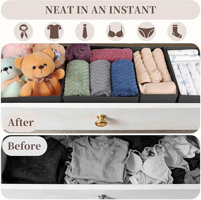 Drawer Organizer Clothes, 16 Pack Dresser Organizer Bins, Foldable Closet Organizers and Storage Fabric Dresser Bins, Shallow Drawer Dividers for Clothing, Underwears, Socks, Tie