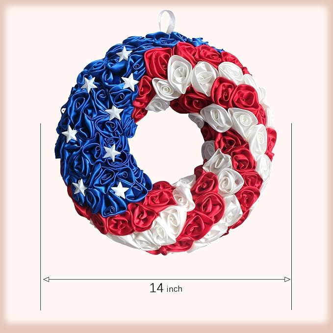 14 Inch Patriotic Roses Handcrafted Wreath, Artificial 4th of July Soft Touch Silk Roses and Metal Stars Wreath for Front Door, Memorial Day for Indoor and Outdoor