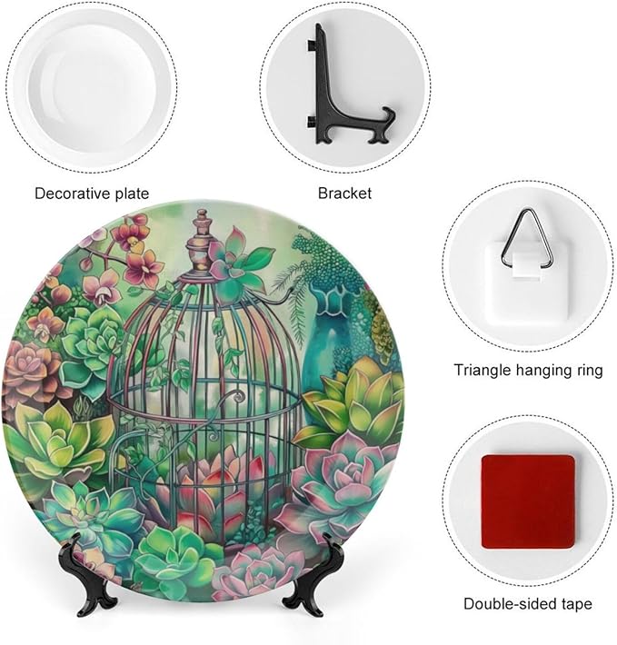 Garden Scenery Theme Decorative Ceramic Plate Round Porcelain Plate,Succulents and Bird Cage Pattern,for Decorative Ornaments Giving Plates, 1 Plate with 1 Display Stand,Green,6 inch
